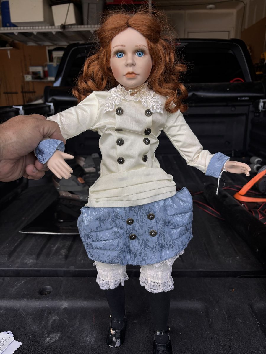 Vintage Porcelain Doll Red Hair Blue Eyes 18" Victorian Style Dress Collectible