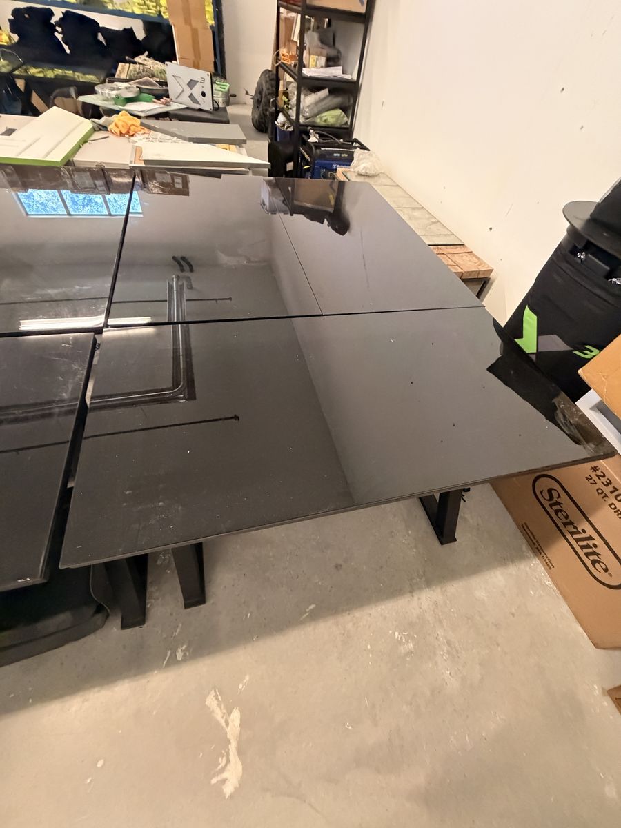 Glass top X frame desks