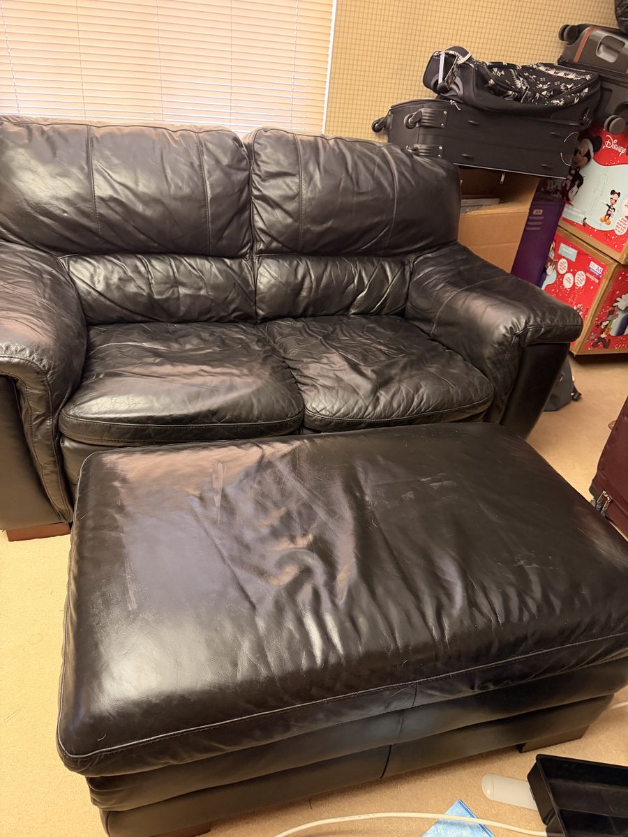 Black Leather Loveseat & Ottoman Set - 2 Seater Sofa with Matching Footrest