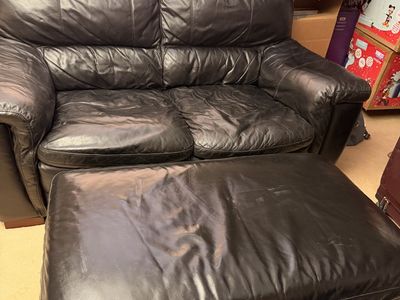 Black Leather Loveseat & Ottoman Set - 2 Seater Sofa with Matching Footrest