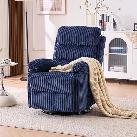 (Blue color) Velvet 360° Swivel Rocker Recliner Chair with Footrest