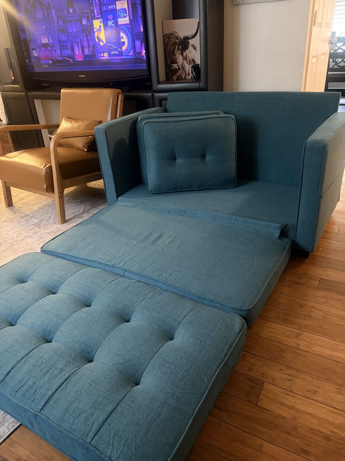 Teal Sleeper Loveseat  Camel Accent Chair