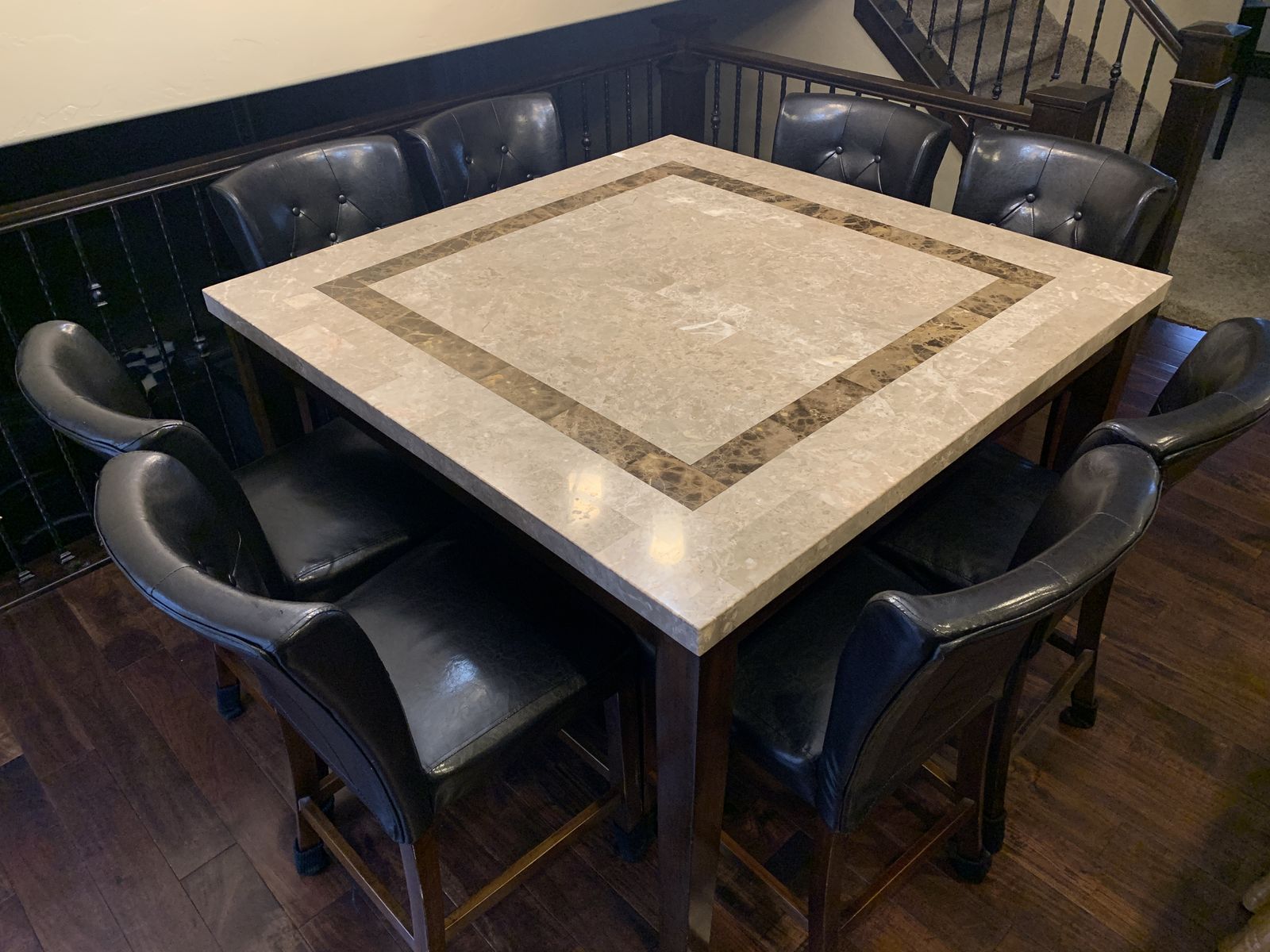 Counter Height Marble Dining Table + 8 Leather Chairs - Beautiful Set
