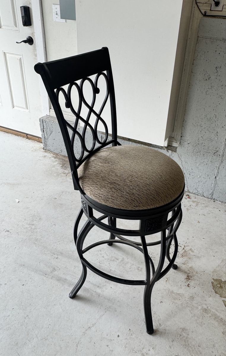 Ornate Black Wrought Iron Swivel Bar Stool with Upholstered Seat