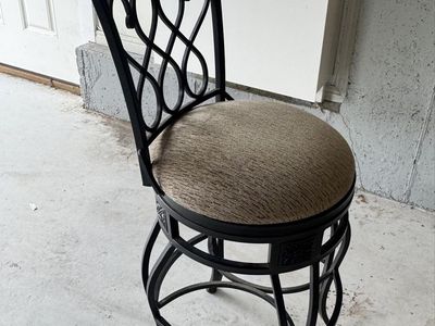 Ornate Black Wrought Iron Swivel Bar Stool with Upholstered Seat