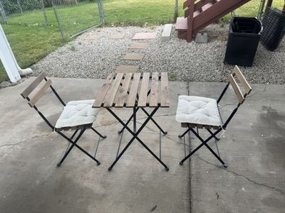 Outdoor Bistro Set - Wooden Table & 2 Chairs with Cushions - Compact & Foldable Patio Furniture