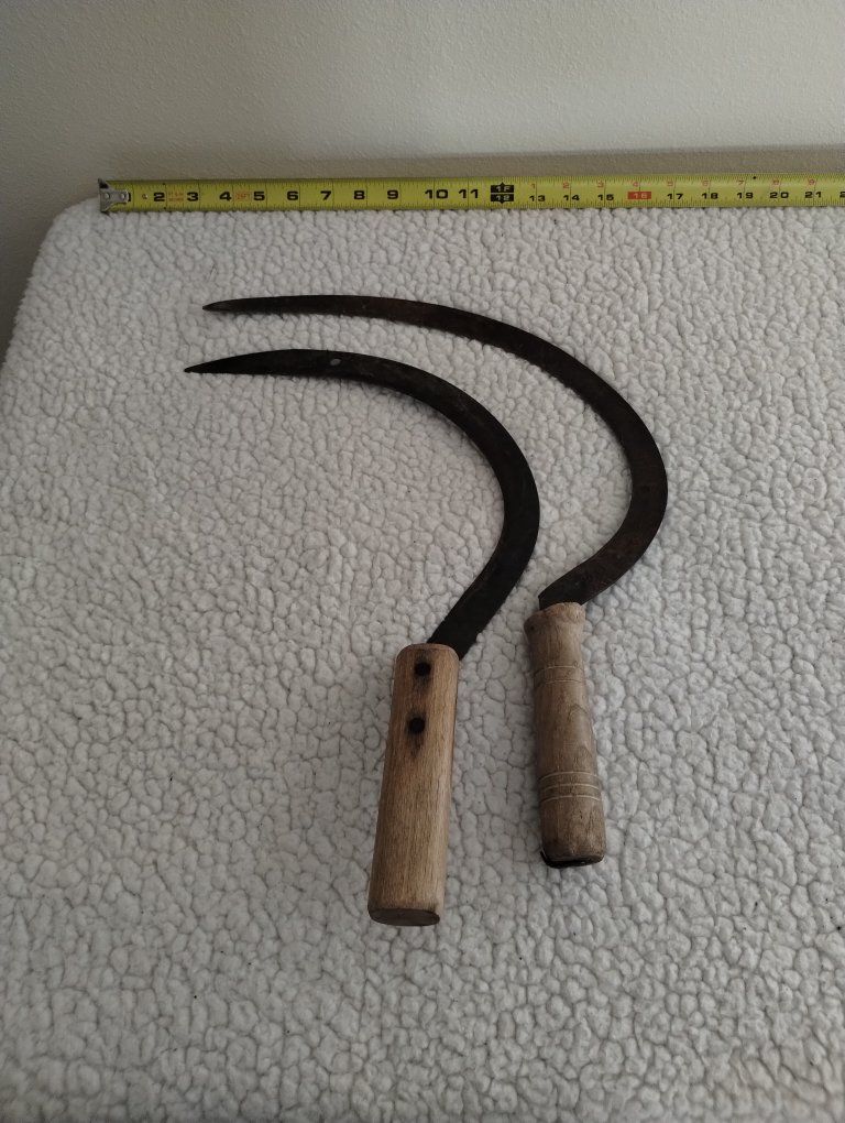 Vintage Hand Sickle Scythe Set - 2 Rustic Garden or Farm Tools with Wooden Handles, Approx. 11-12" Long