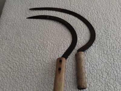 Vintage Hand Sickle Scythe Set - 2 Rustic Garden or Farm Tools with Wooden Handles, Approx. 11-12" Long
