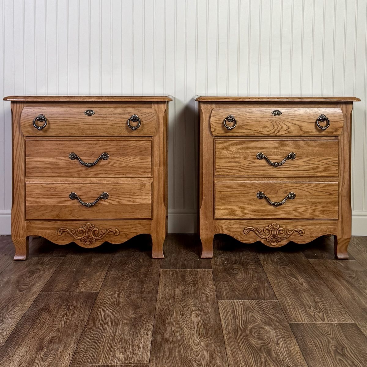 Pair of French Country Carved Oak 3-Drawer Nightstands