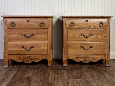 Pair of French Country Carved Oak 3-Drawer Nightstands