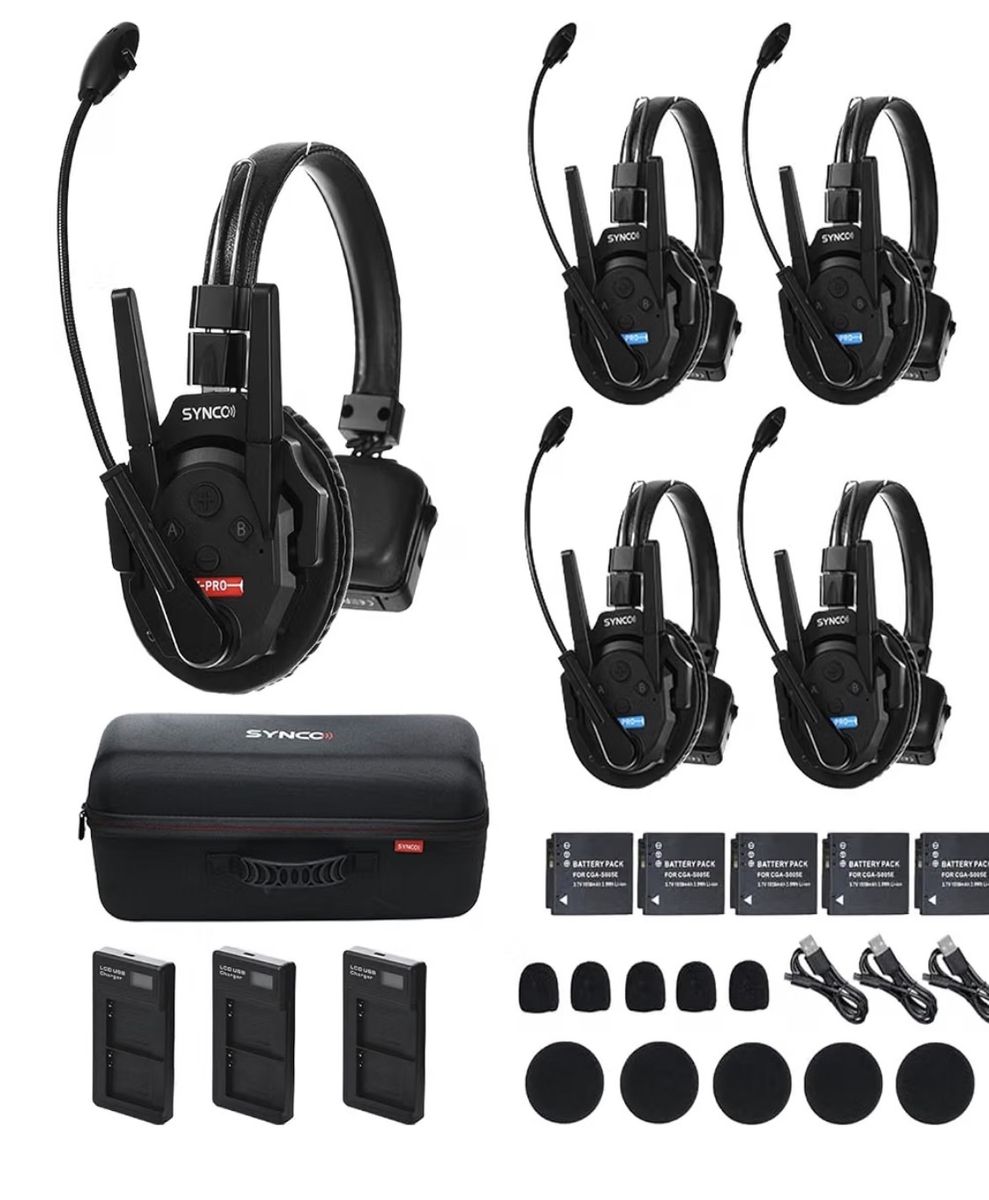 Wireless Intercom Headset System - 5 Headsets with Charging Station and Case