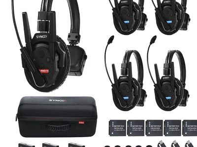 Wireless Intercom Headset System - 5 Headsets with Charging Station and Case