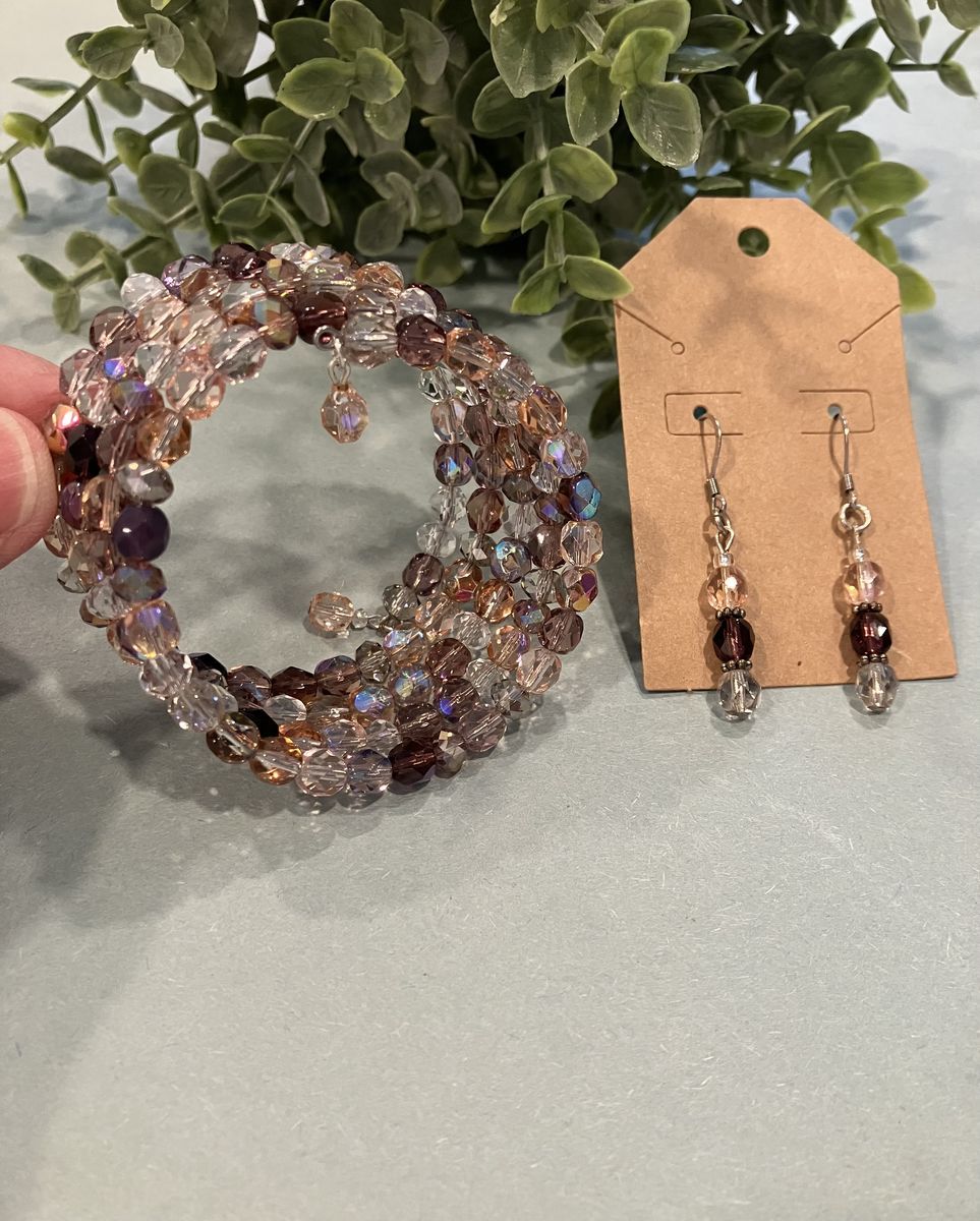 Pink Peach & Blue Colored Czech Crystal Coil Charm Bracelet & Earrings