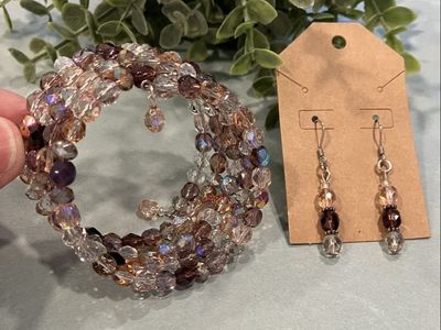 Pink Peach & Blue Colored Czech Crystal Coil Charm Bracelet & Earrings