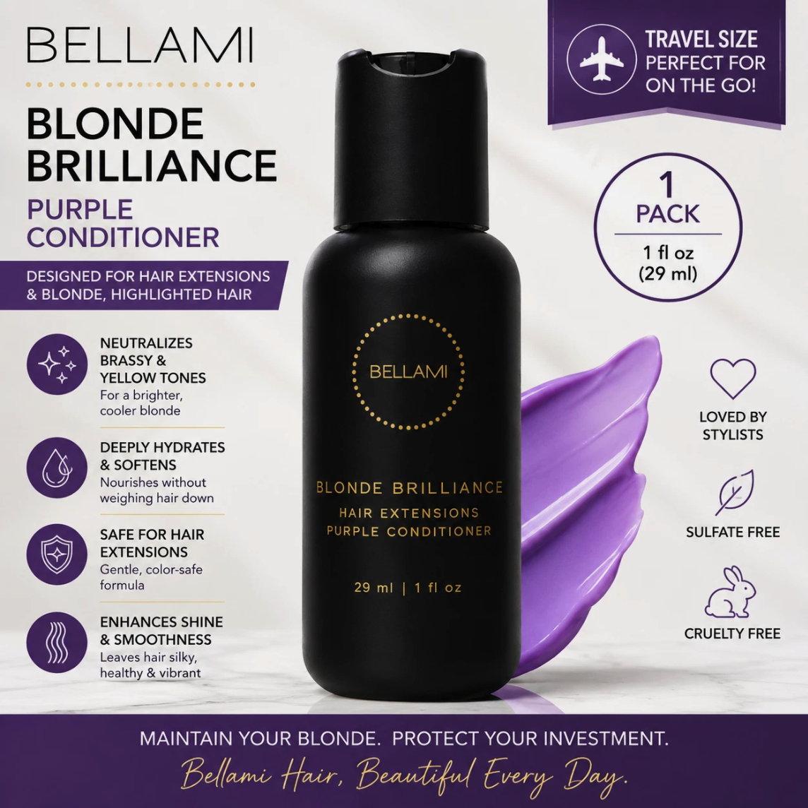 Bellami Blonde Brilliance Purple Conditioner Hair Extensions Travel 1oz NEW