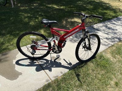 Mongoose Red Full Suspension Mountain Bike Shimano Gearing