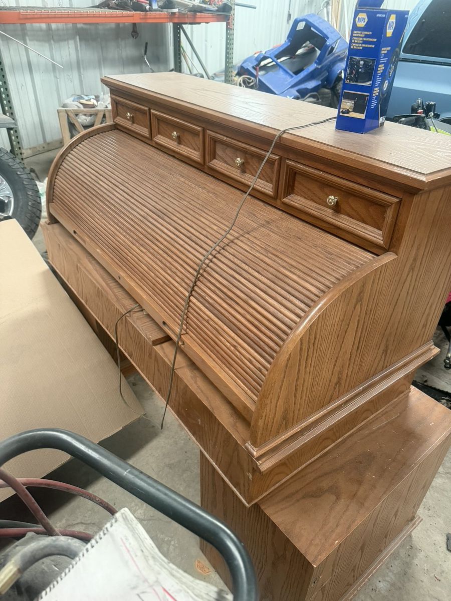 Classic Oak Roll Top Desk with Green Inlay Desktop - Vintage Home Office Furniture