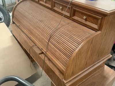 Classic Oak Roll Top Desk with Green Inlay Desktop - Vintage Home Office Furniture