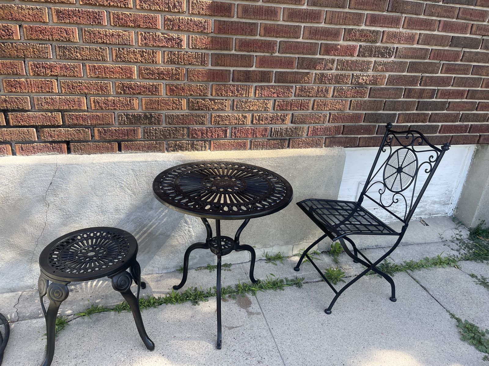 Iron patio bistro table, chair, & stool