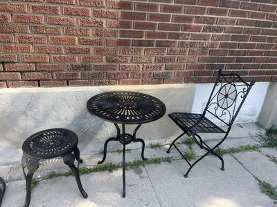 Iron patio bistro table, chair, & stool