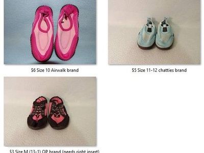 Toddler/Kids/Youth Girl/Boy Water Shoes Sizes 10 ~ 11-12 ~ 13-1 ~ $6 Hot Pink/Lt Pink~ $5 Blue~ $3 Blk/Pink