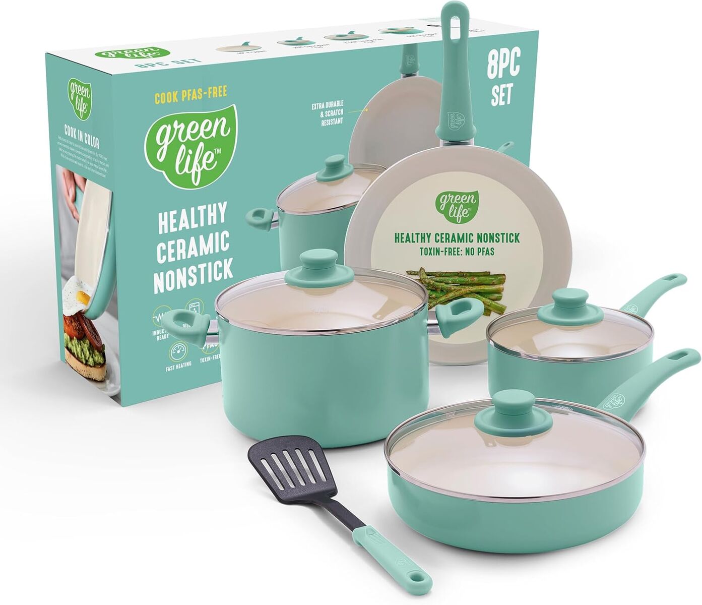 GreenLife 8 Piece Nonstick Cookware Set, Non-Toxic PFAS-Free Ceramic Pots & Pans, Dishwasher & Oven Safe, Turquoise