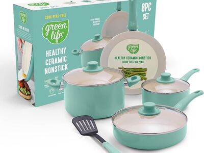 GreenLife 8 Piece Nonstick Cookware Set, Non-Toxic PFAS-Free Ceramic Pots & Pans, Dishwasher & Oven Safe, Turquoise