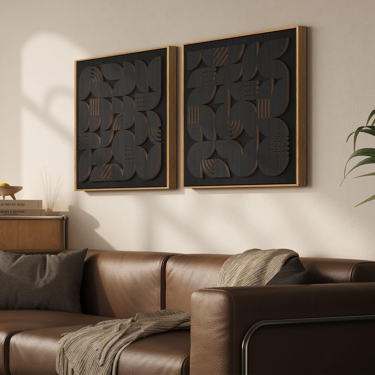 New  Framed Black Wood Wall Art for Living Room, Set of 2 Large Textured Geometric Abstract Artwork
