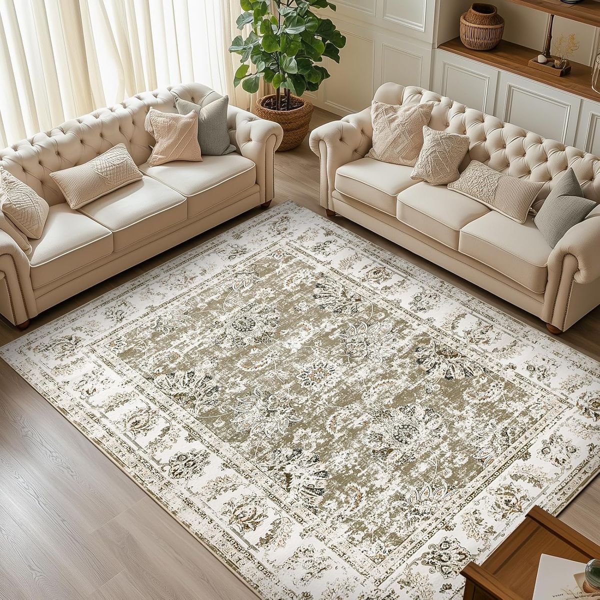 NEW 9X12  Distressed Vintage Floral Washable Rug, Taupe