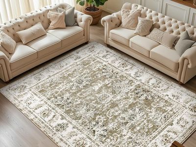 NEW 9X12 Distressed Vintage Floral Washable Rug, Taupe