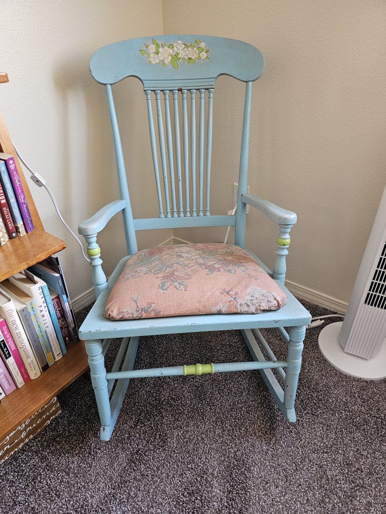 Hand-Painted Light Blue Wooden Rocking Chair with Floral Details & Padded Seat