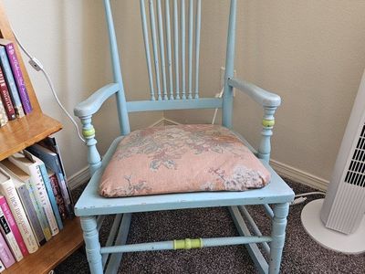 Hand-Painted Light Blue Wooden Rocking Chair with Floral Details & Padded Seat