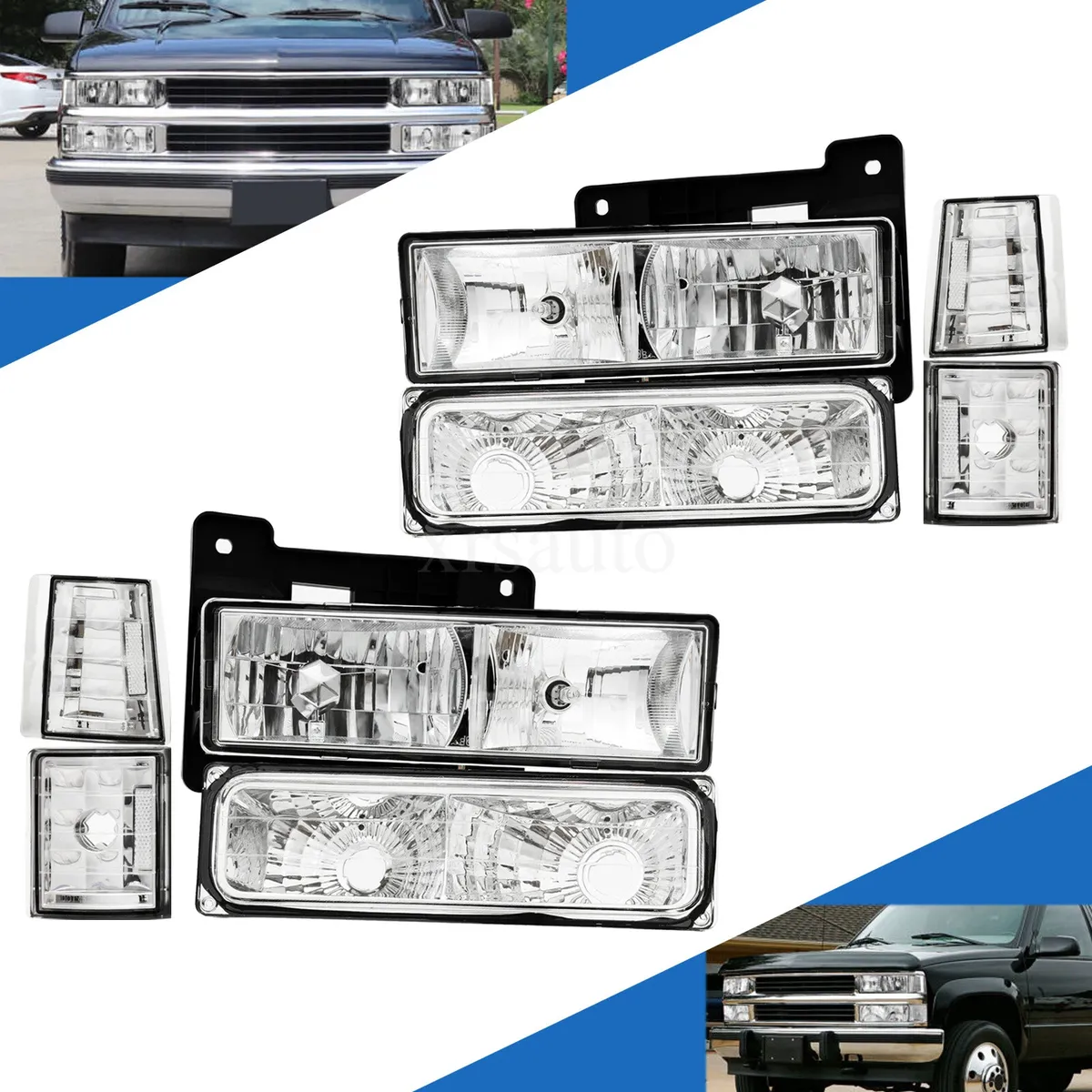 Headlights Signal Bumper Lamps For 94-99 Chevy C/K 1500 2500 3500 Chrome Housing
