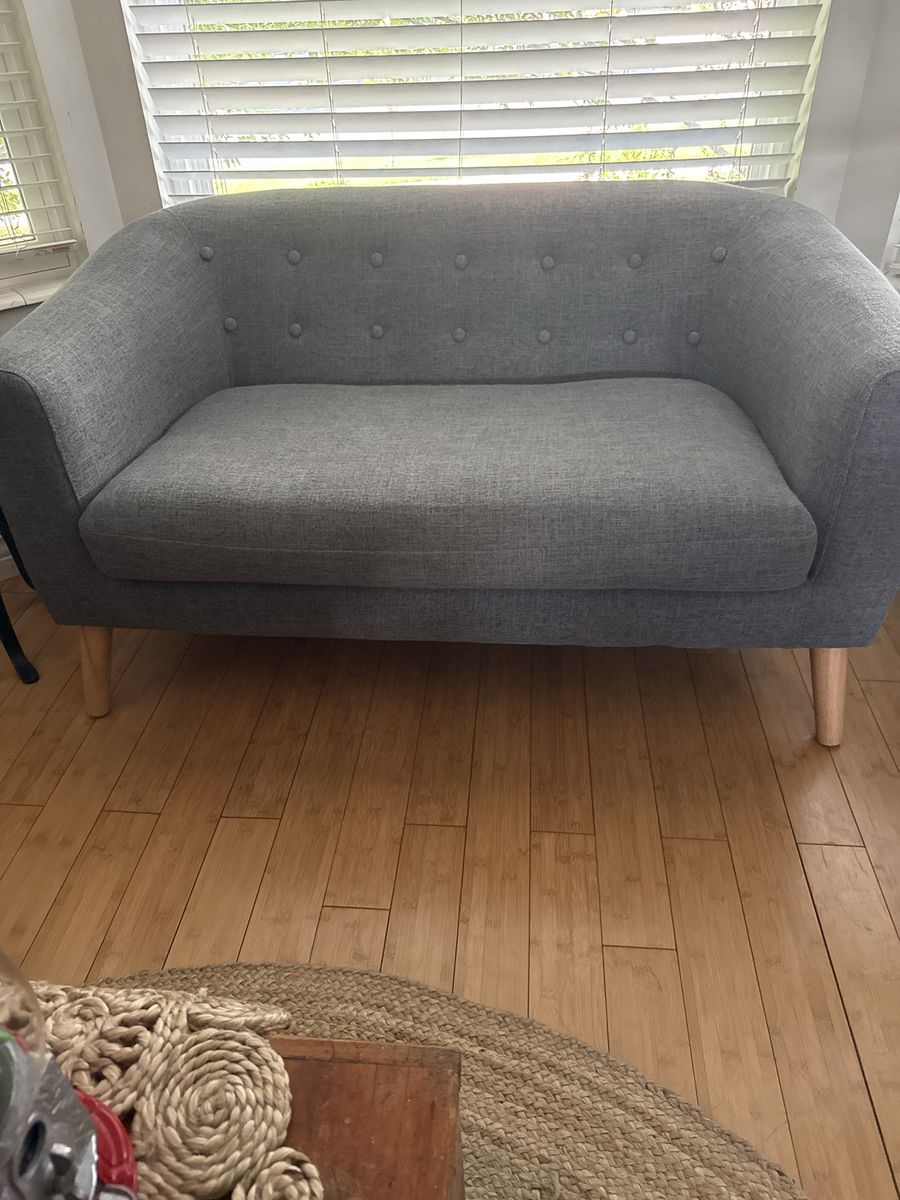 Mid-Century Modern Gray Tufted Loveseat Sofa with Birch Legs - Pair