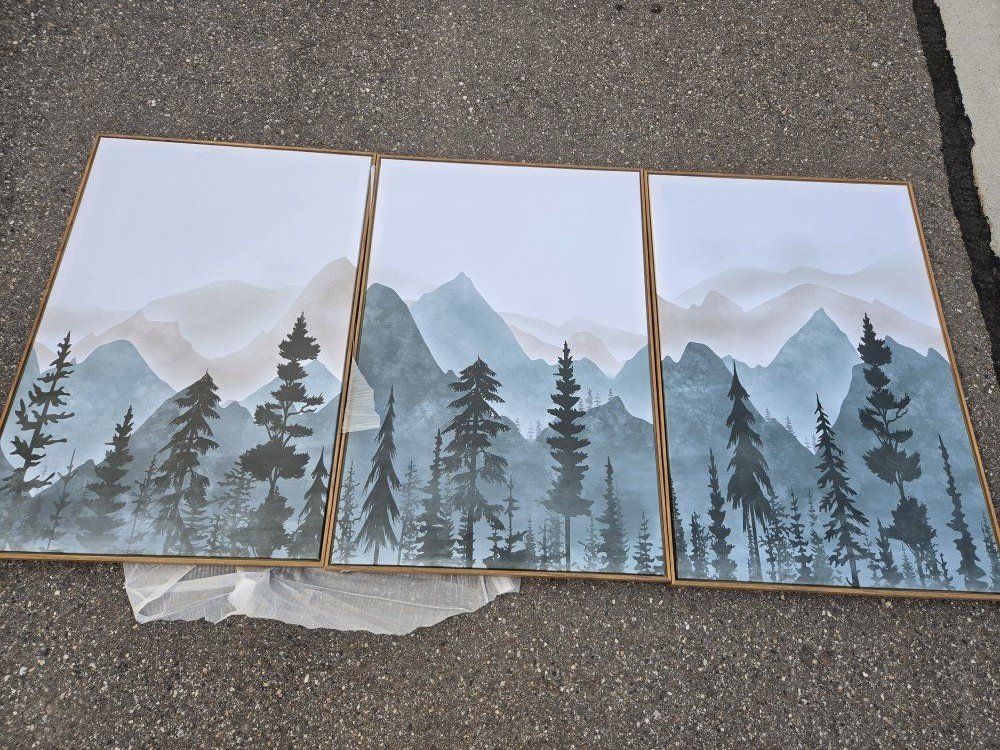 3pc/ panel blue mountain, forest framed canvas wall art set