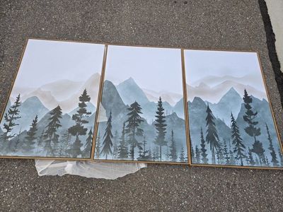 3pc/ panel blue mountain, forest framed canvas wall art set