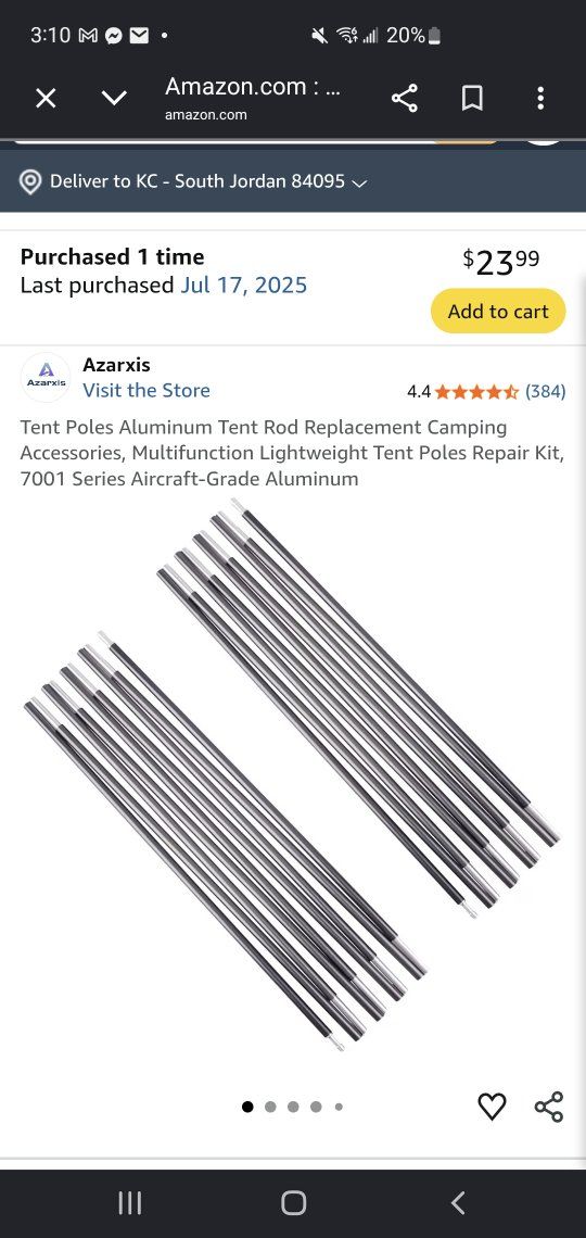 New Tent Poles 391cm  12'10" Aluminum