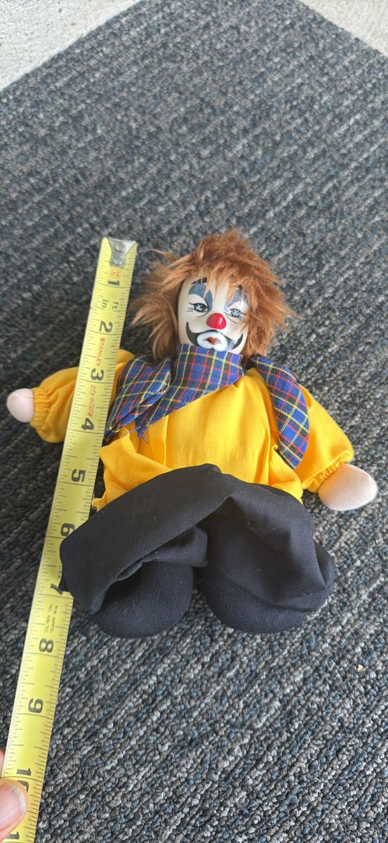 Artisan Way #300 Porcelain Face Clown Doll 10 Inch Yellow Shirt Plaid Scarf