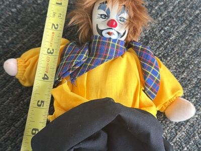 Artisan Way #300 Porcelain Face Clown Doll 10 Inch Yellow Shirt Plaid Scarf