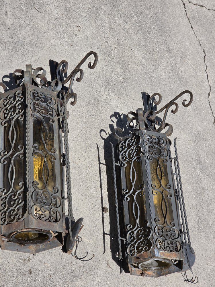 Pair of Vintage Spanish Revival / Gothic Wrought Iron Wall Lanterns Lot 2