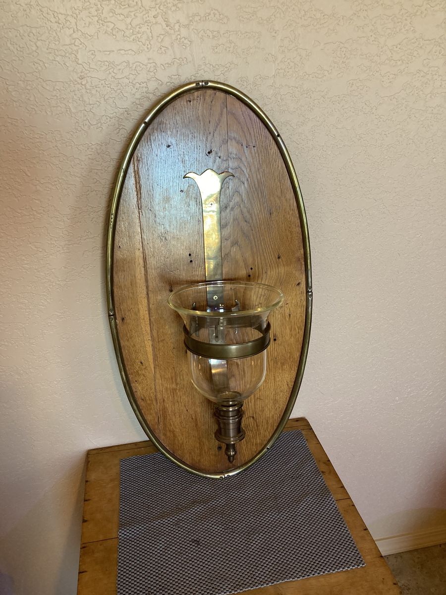 A pair of Antique Oak and Brass and glass wall sconce/candle holders