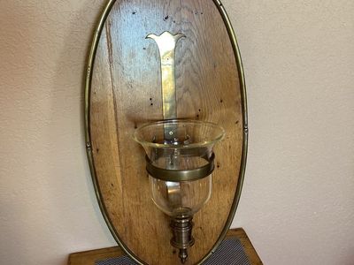 A pair of Antique Oak and Brass and glass wall sconce/candle holders