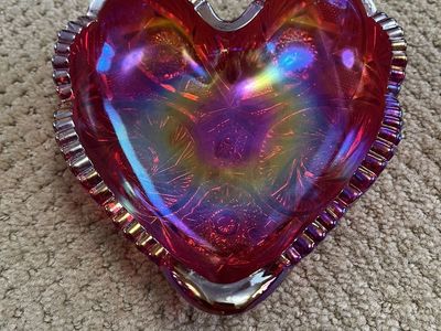 Stunning Heart Shaped Red Carnival Glass - Antique