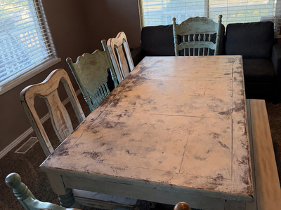 Farmhouse table 5 chairs. 1 bench