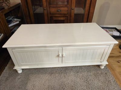 White Wooden Storage Coffee Table with Beadboard Front Doors