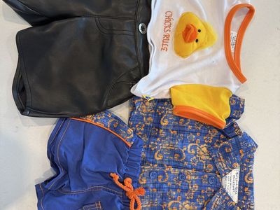 Build-A-Bear Workshop "Chicks Rule" Duck Shirt, Black Leather Shorts, Blue Patterned Outfit