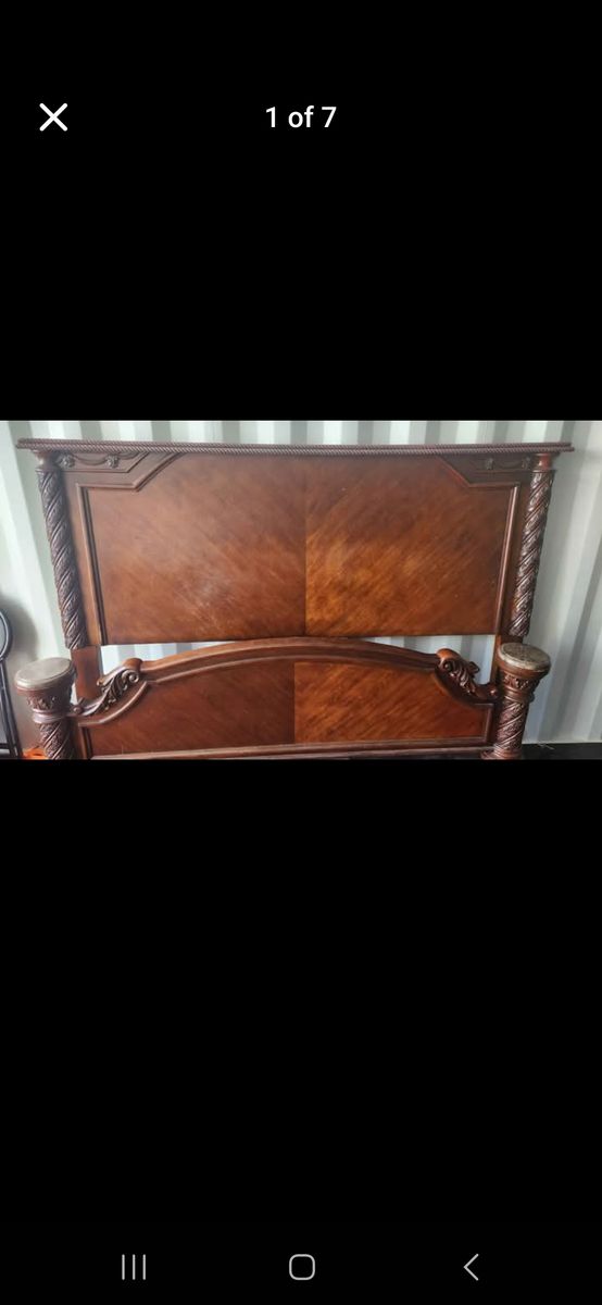 King size bed room set. With large dresser with mirror, two nightstands and fireplace