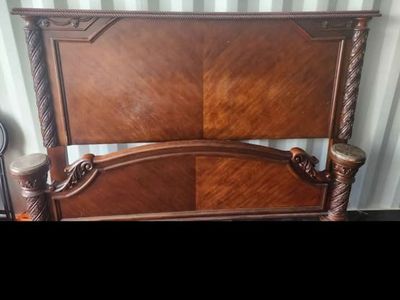 King size bed room set. With large dresser with mirror, two nightstands and fireplace