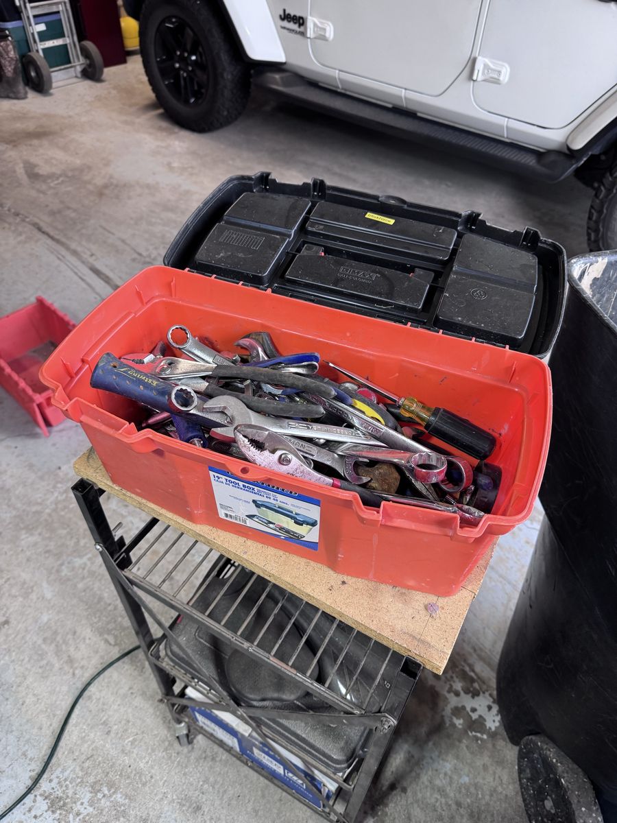 Used 19-inch Red Tool Box with Assorted Hand Tools - Wrenches, Pliers, Screwdrivers Included
