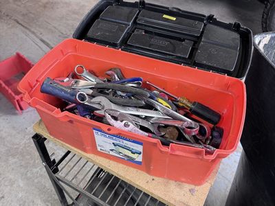 Used 19-inch Red Tool Box with Assorted Hand Tools - Wrenches, Pliers, Screwdrivers Included
